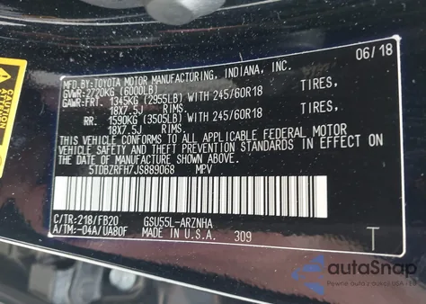 2018 Toyota Highlander Le from USA, damaged, VIN 5TDBZRFH7JS889068